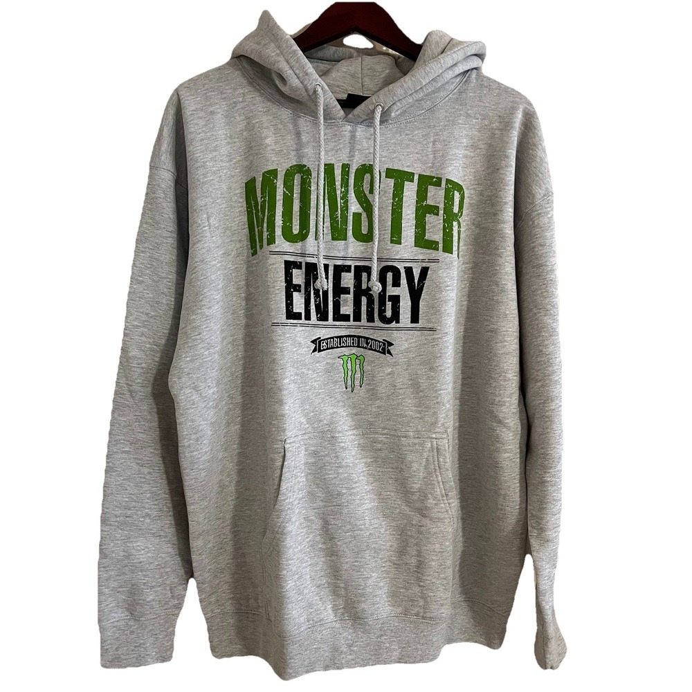 Monster Energy Hoodie L Gray Pullover Sweatshirt‎ Y2K Kangaroo Pocket Streetwear